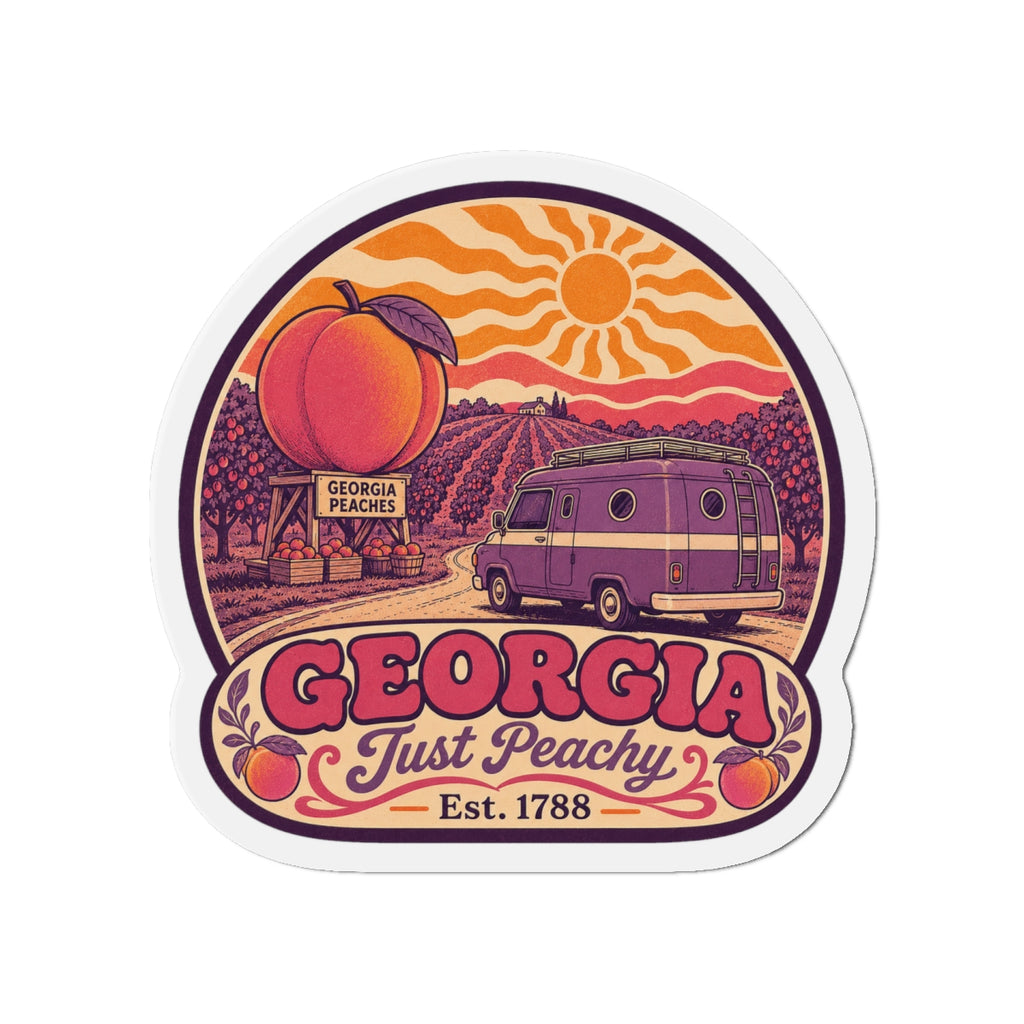 Die-cut magnet with peach and retro van illustration, 'GEORGIA' banner and 'Est. 1788'