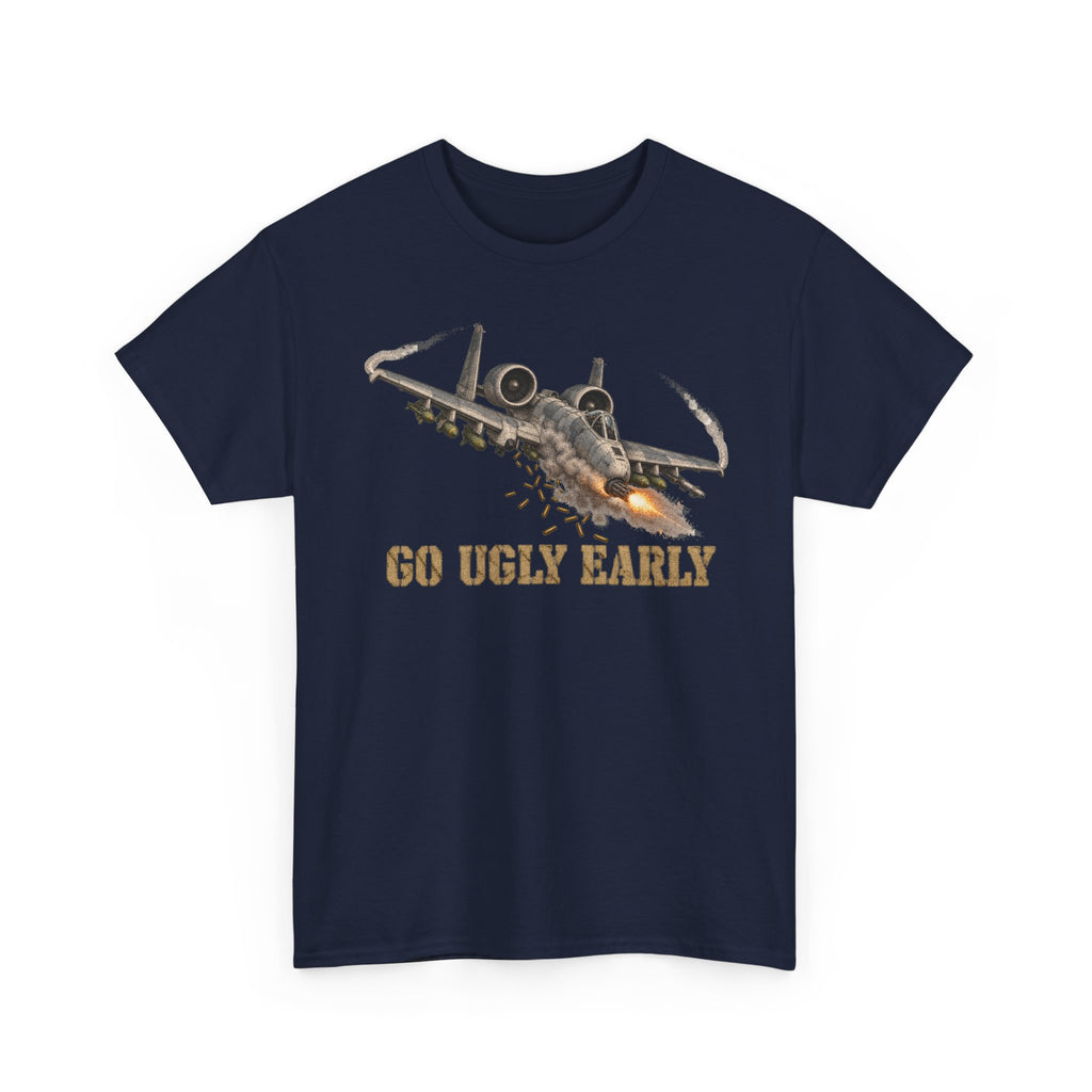 Navy jet attack graphic T-shirt with “Go Ugly Early” text and aircraft illustration.