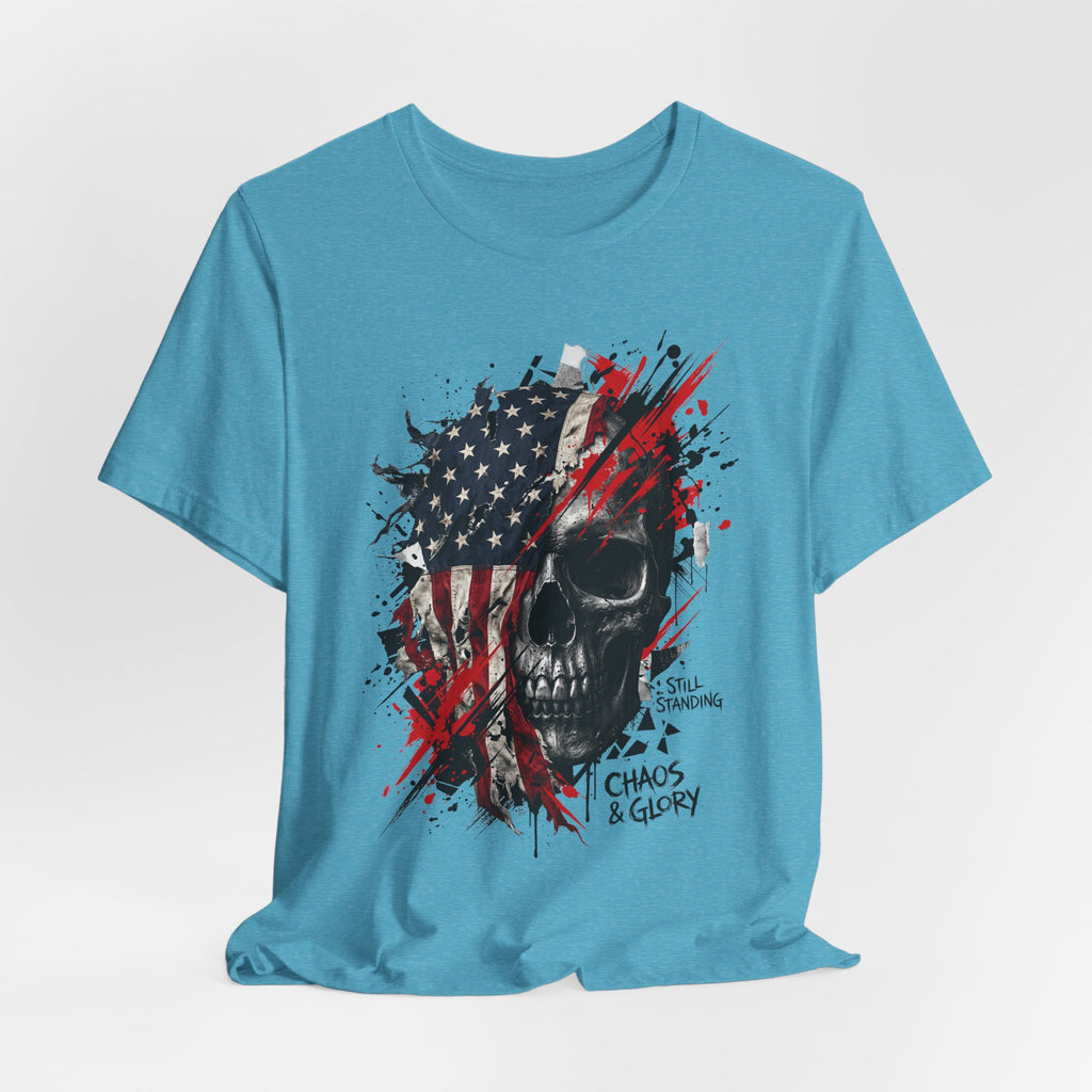 Blue crewneck T-shirt with American flag skull graphic, distressed red/black splatter