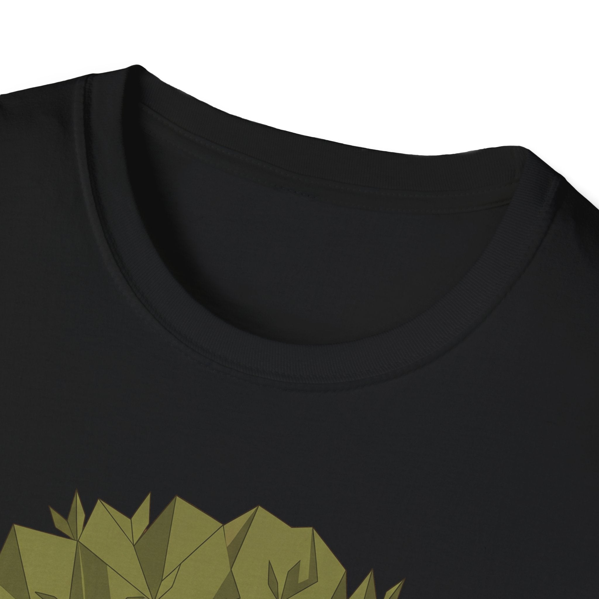 Twisted Olive Tree T-Shirt (black) close-up of crew collar with partial olive tree graphic