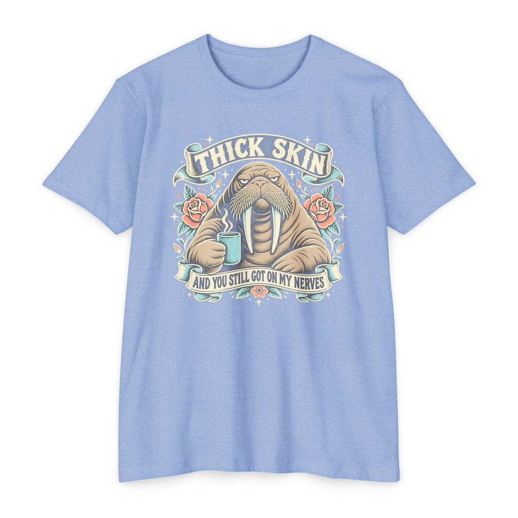 Walrus graphic t-shirt in light blue with front chest logo and banner text