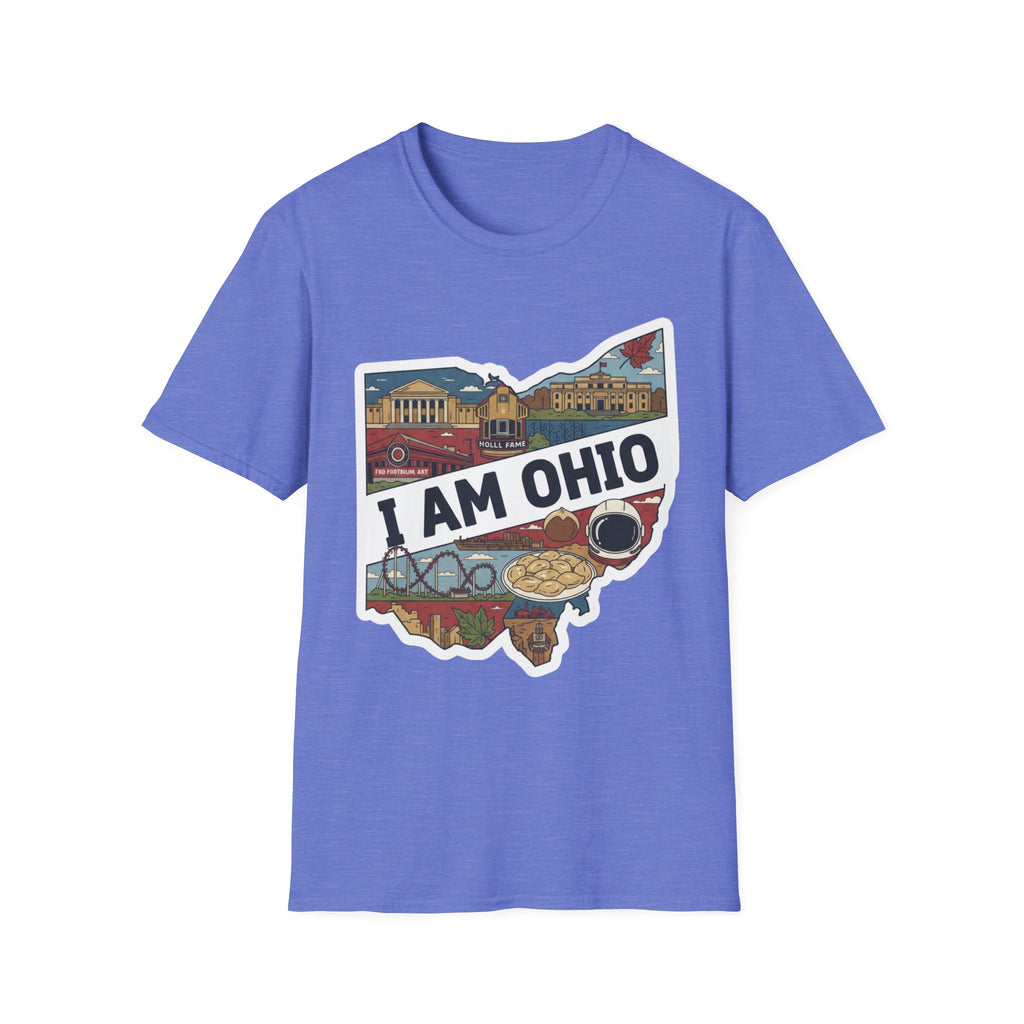 Heather Royal blue I Am Ohio T-shirt with Ohio map collage graphic