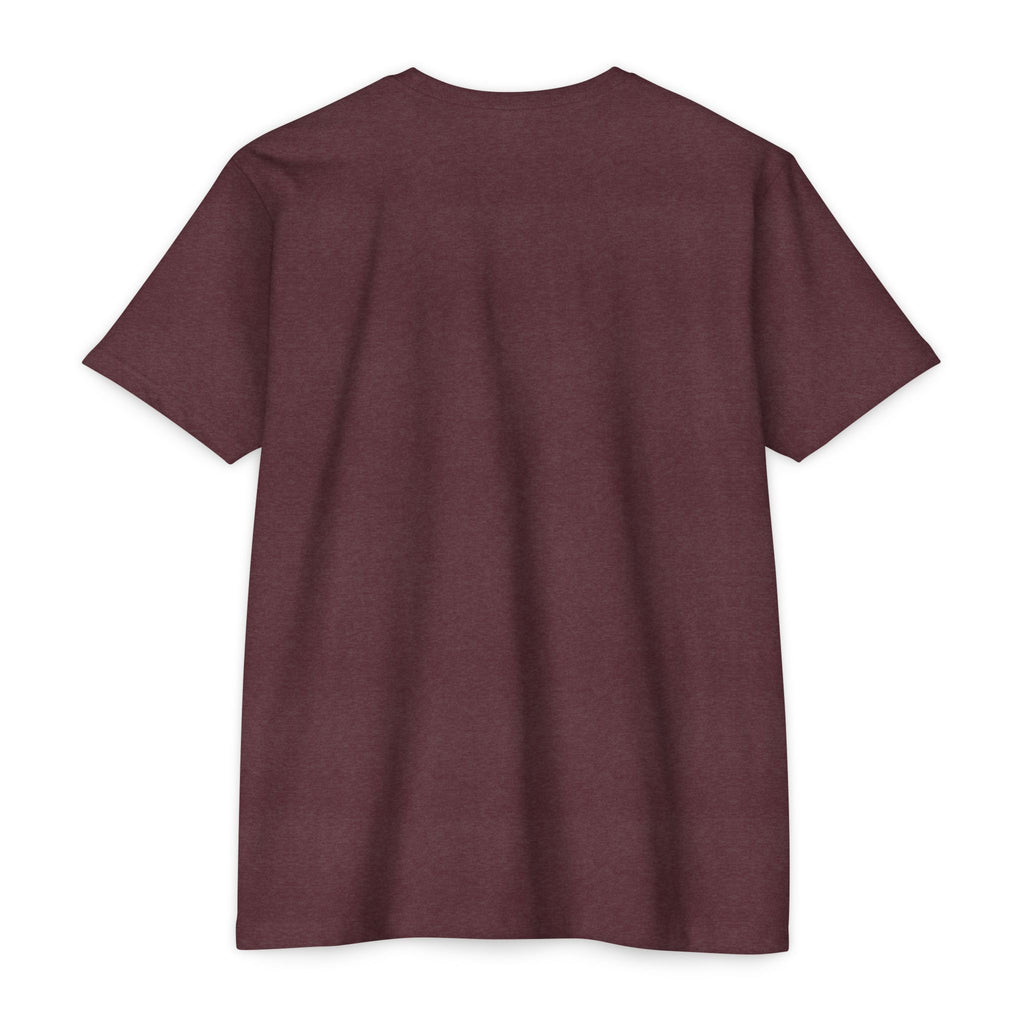 Maroon crewneck T-shirt laid flat, short sleeves, plain front