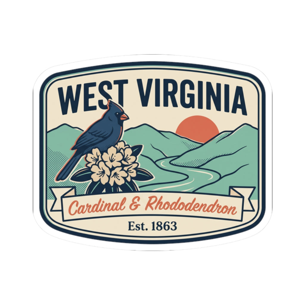 Vintage West Virginia badge sticker showing cardinal and rhododendron with Est. 1863.