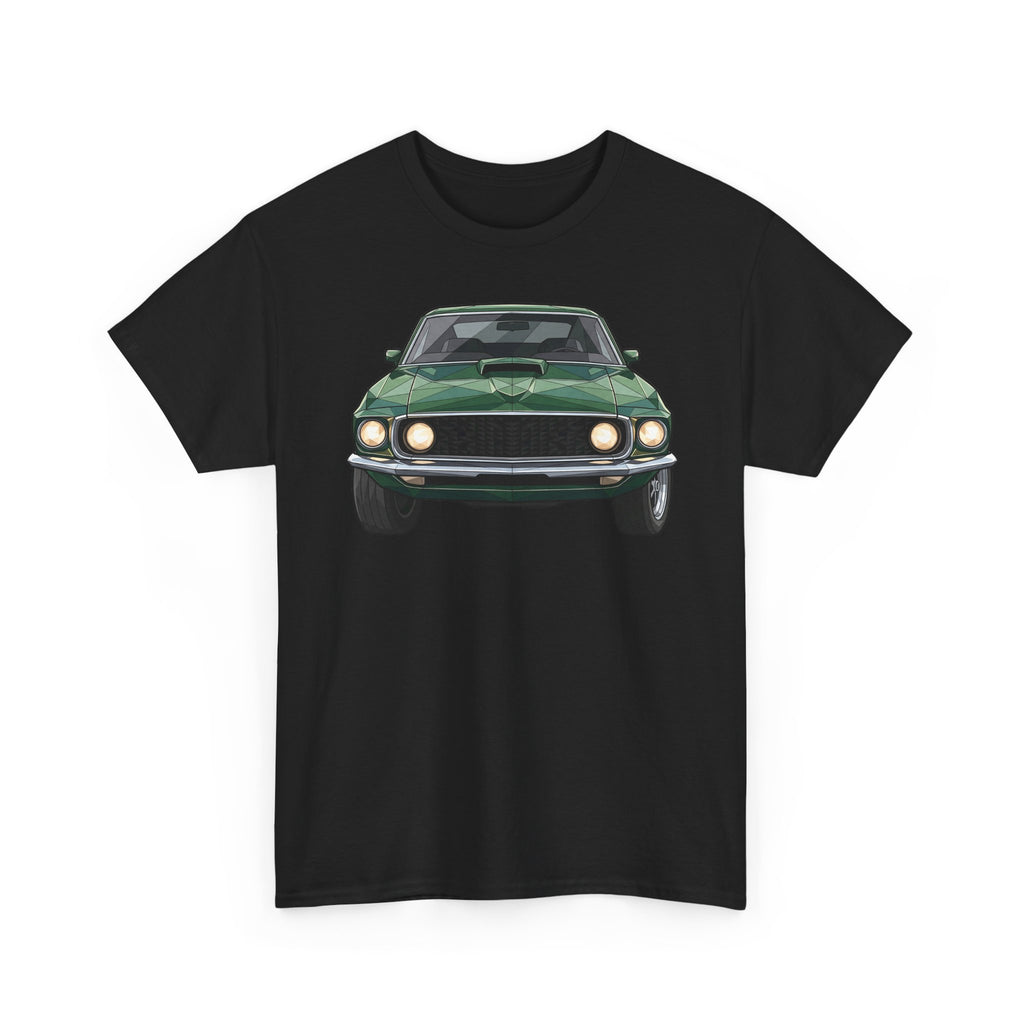 Black muscle car graphic T-shirt with front view illustration on chest