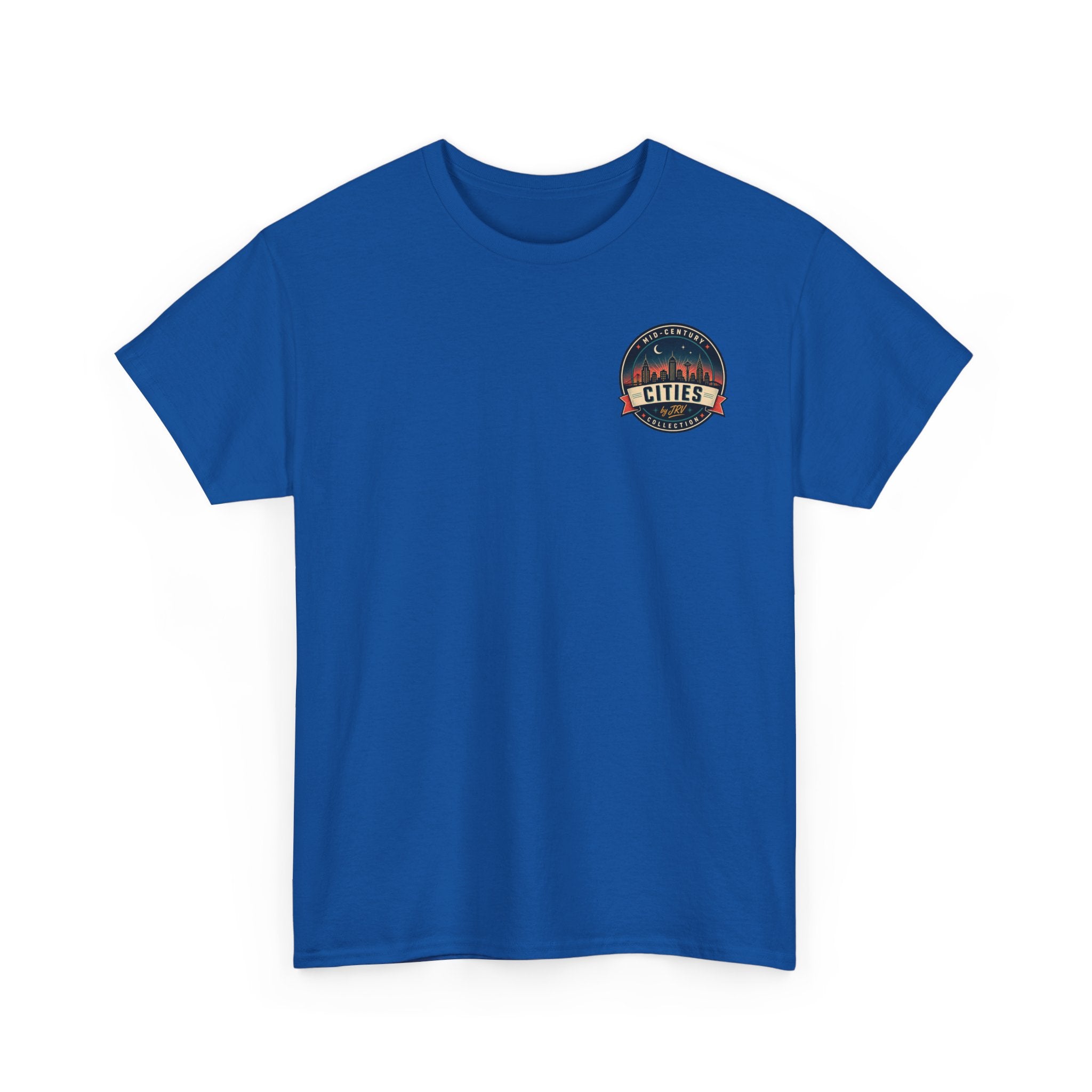 Royal blue T-shirt with small circular Cities badge print on left chest