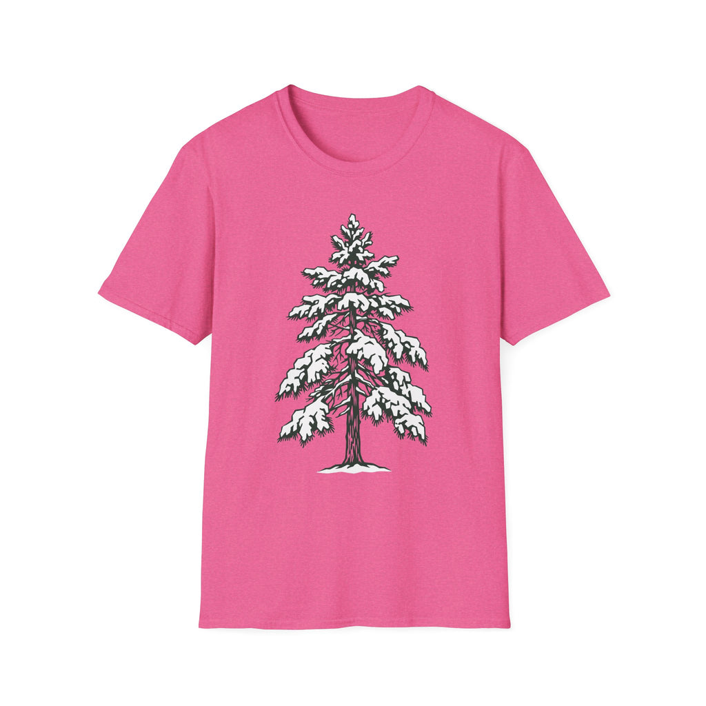 Snowy pine tree graphic T-shirt, hot pink with snowy pine tree print
