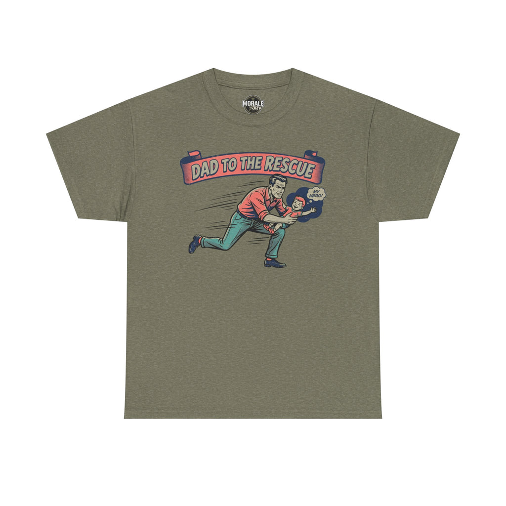 Heather military green “Dad to the Rescue” T-shirt with vintage dad graphic