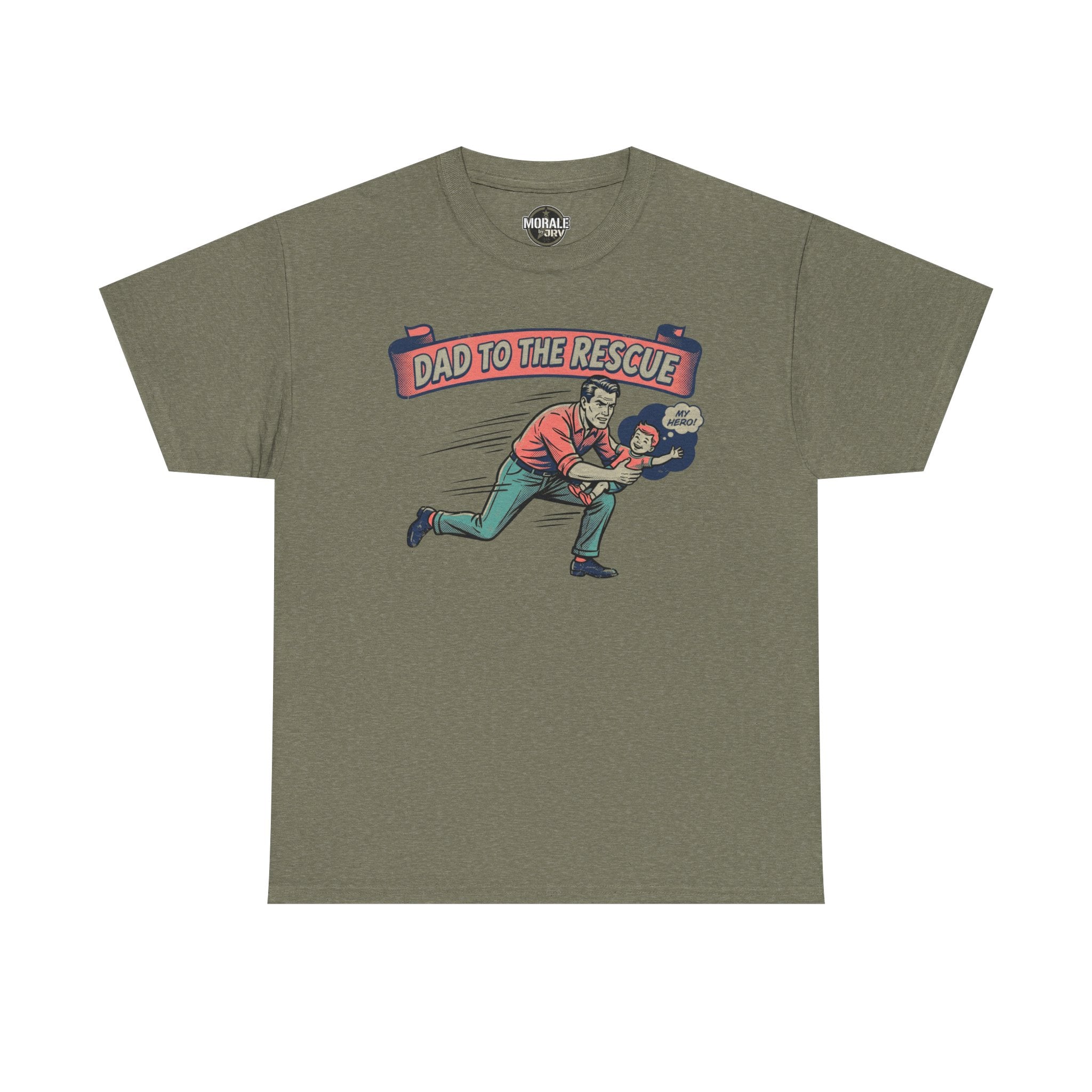 Heather military green “Dad to the Rescue” T-shirt with vintage dad graphic