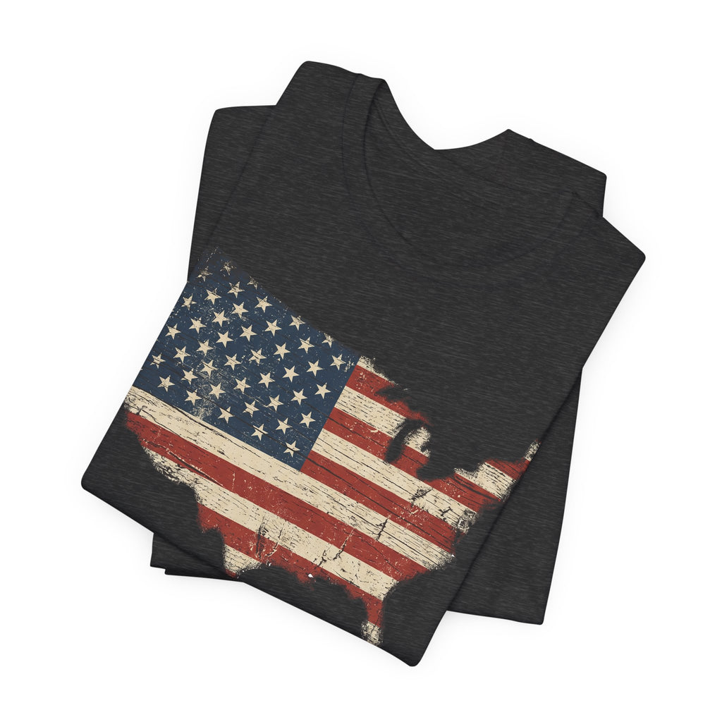 Dark gray heather T-shirt with distressed American flag USA map graphic, crew neck