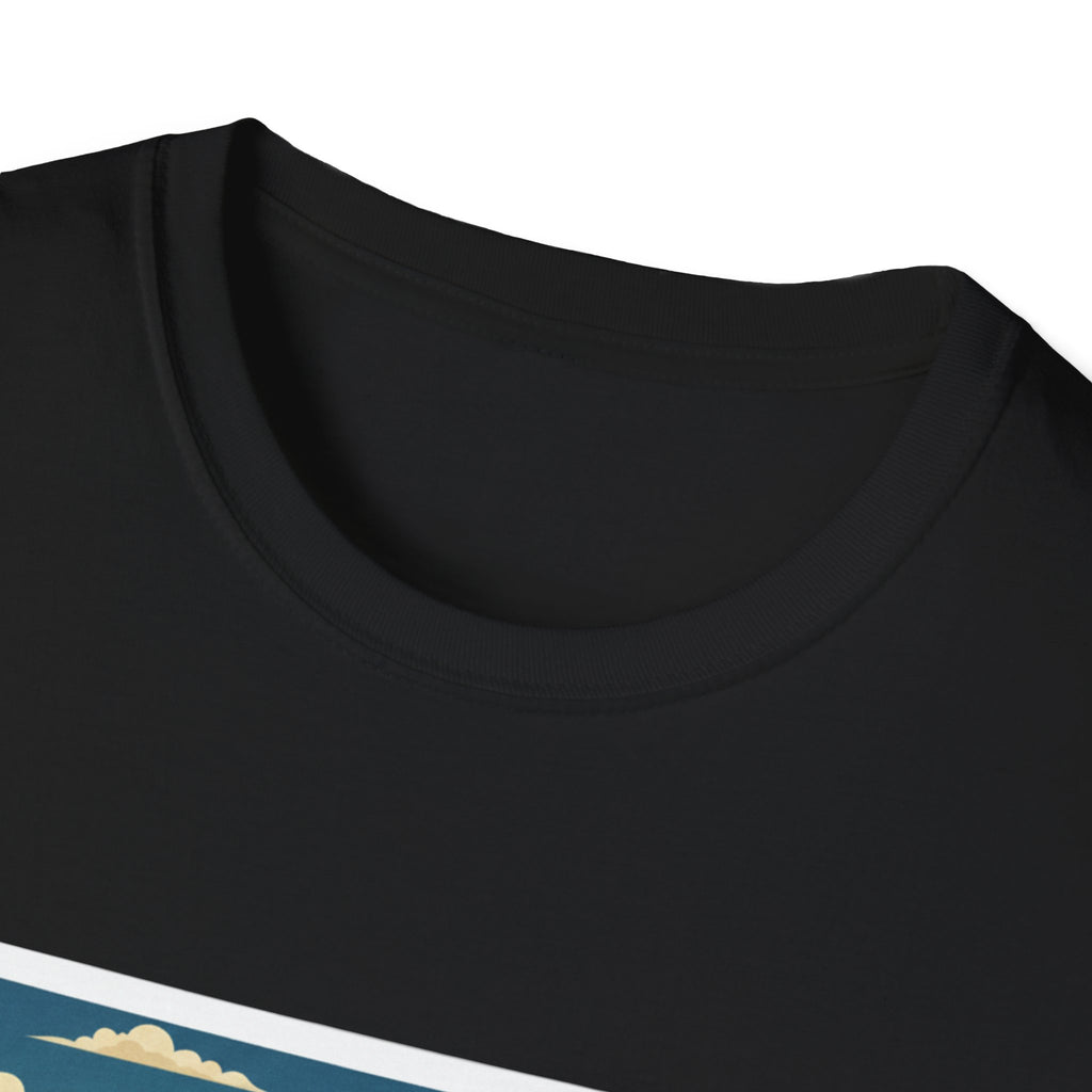 Black crewneck T-shirt neckline with partial prairie graphic edge
