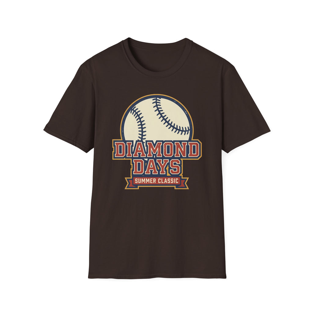 Dark chocolate crew-neck T-shirt with 'Diamond Days' baseball emblem print.