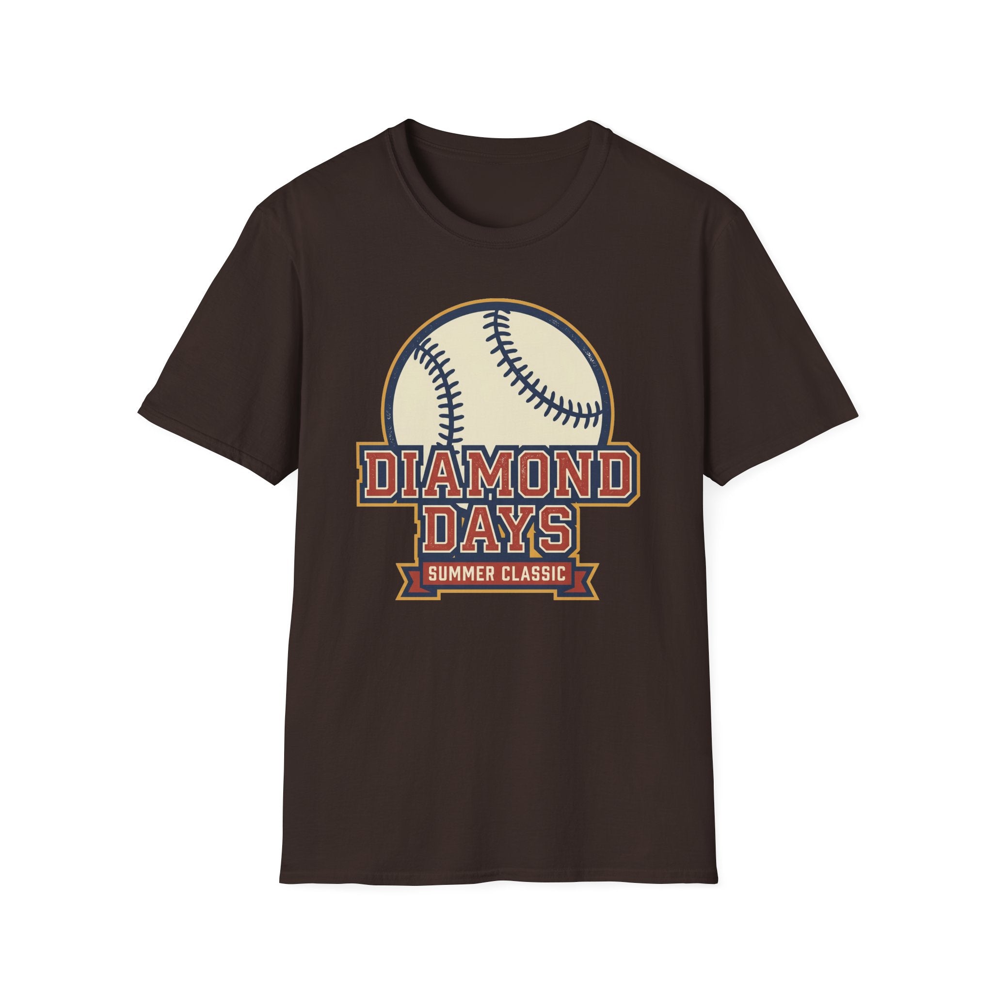 Dark chocolate crew-neck T-shirt with 'Diamond Days' baseball emblem print.