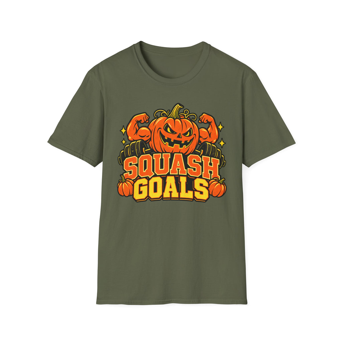 Dark olive Halloween T-shirt with jack-o-lantern pumpkin graphic and "SQUASH GOALS" text