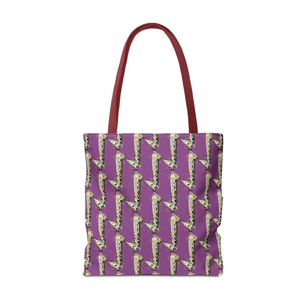Purple saxophone patterned tote bag with burgundy handles