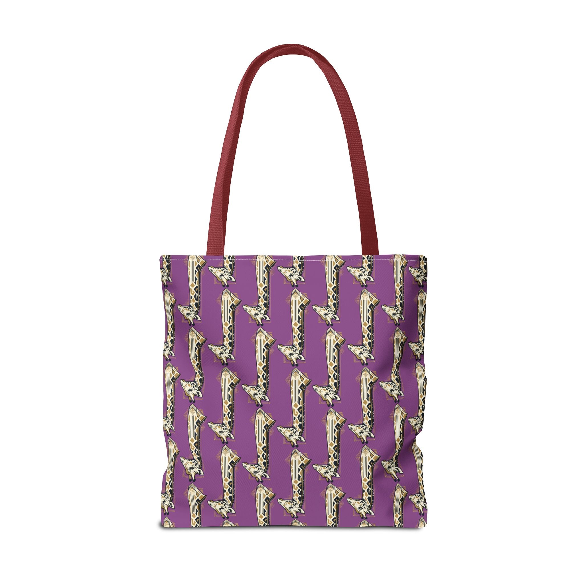 Purple saxophone patterned tote bag with burgundy handles