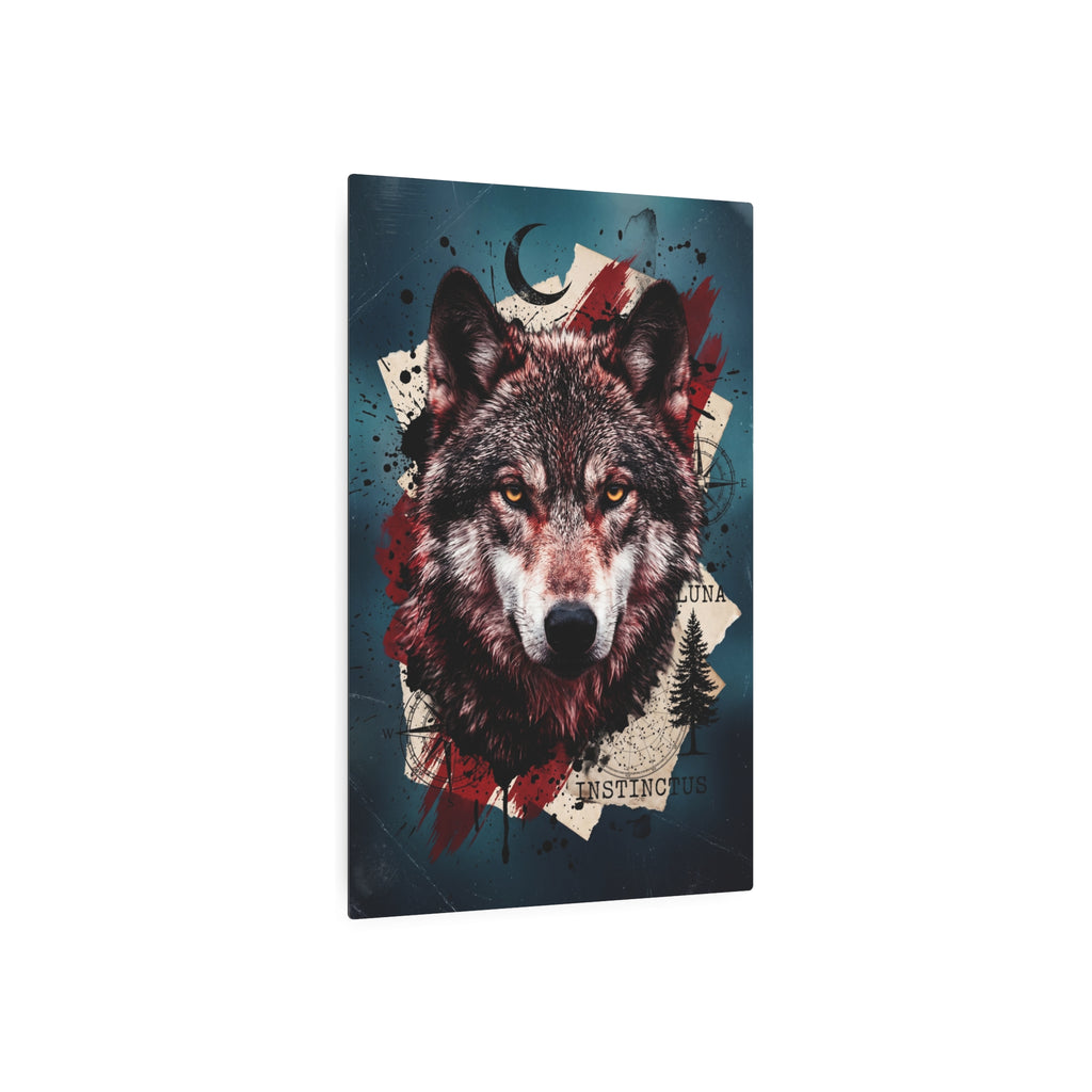 Wolf wall art print on dark teal with red highlights and stylized tree silhouettes.