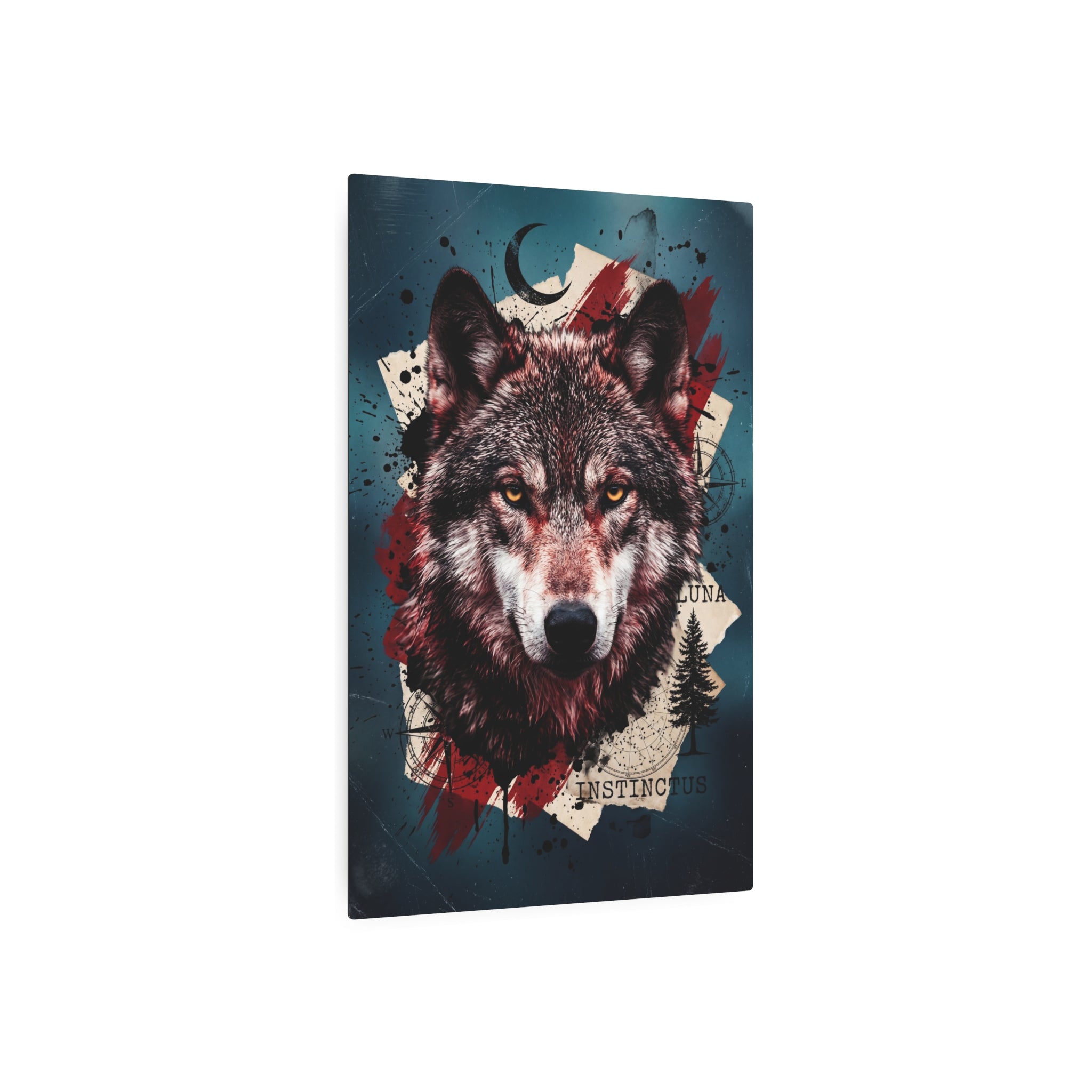 Wolf wall art print on dark teal with red highlights and stylized tree silhouettes.