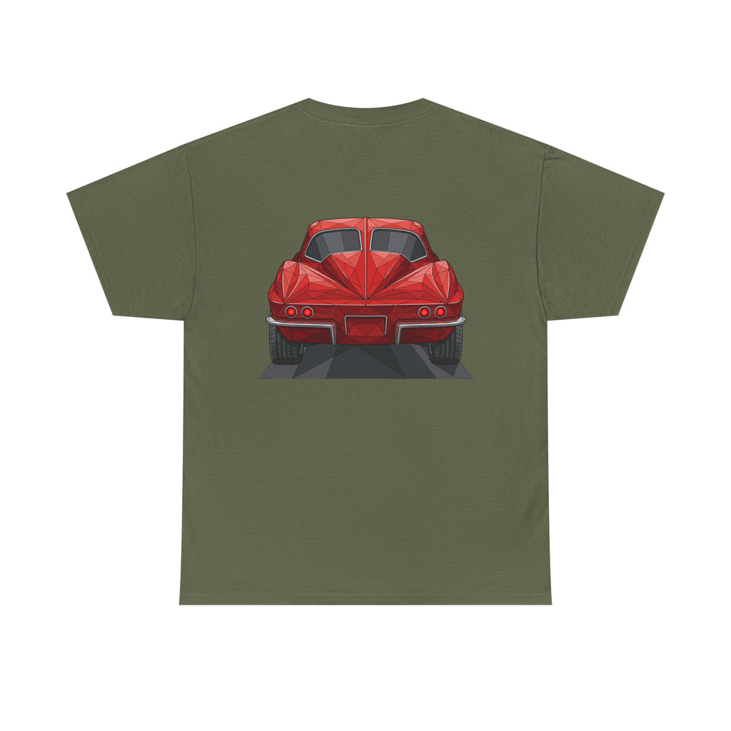 Graphic sports coupe T-shirt in military green, rear view car print