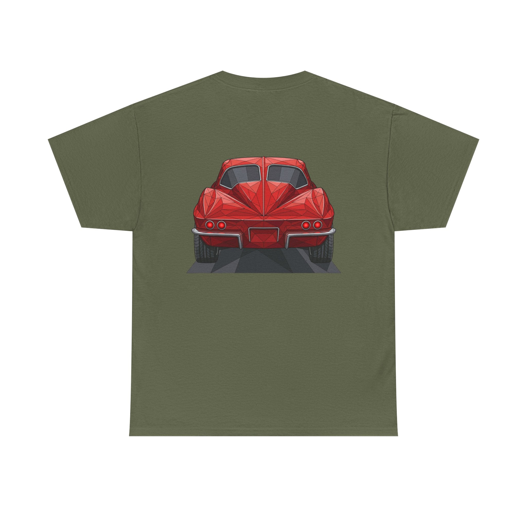 Graphic sports coupe T-shirt in military green, rear view car print