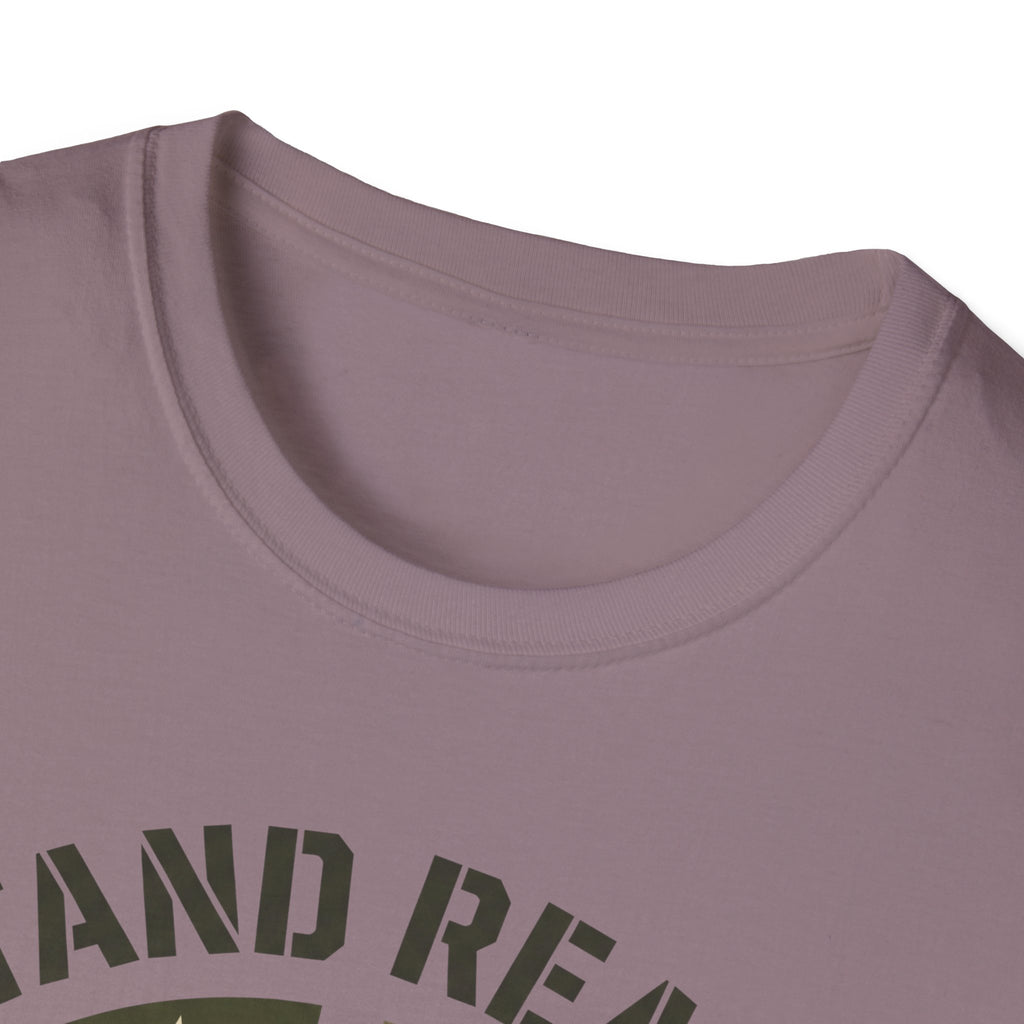 Light mauve crew-neck T-shirt neckline with partial circular text graphic
