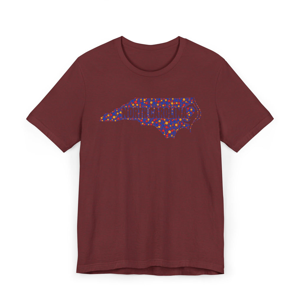 Dark red crew-neck T-shirt with colorful North Carolina floral map graphic