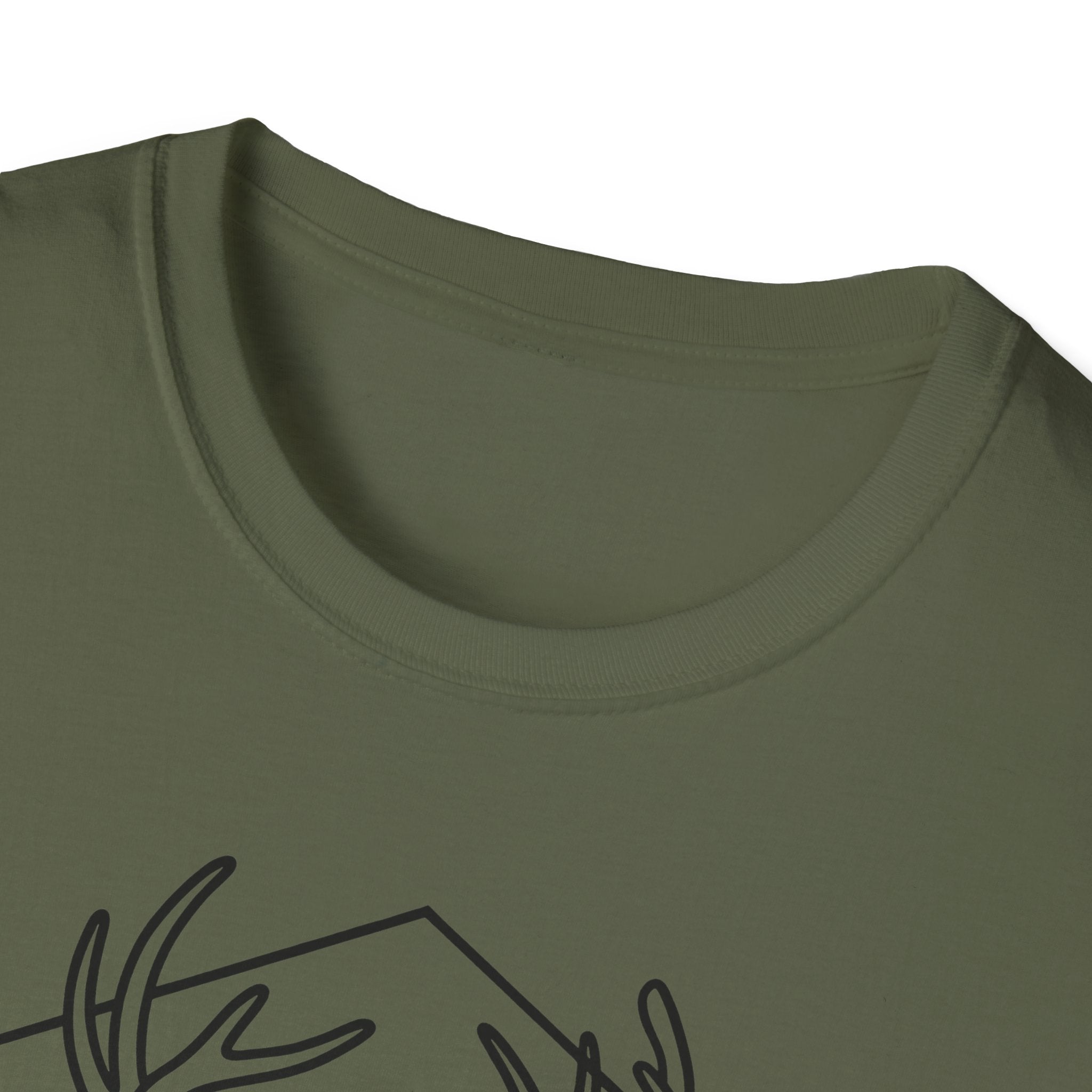 Olive T-shirt neckline with partial antler graphic print