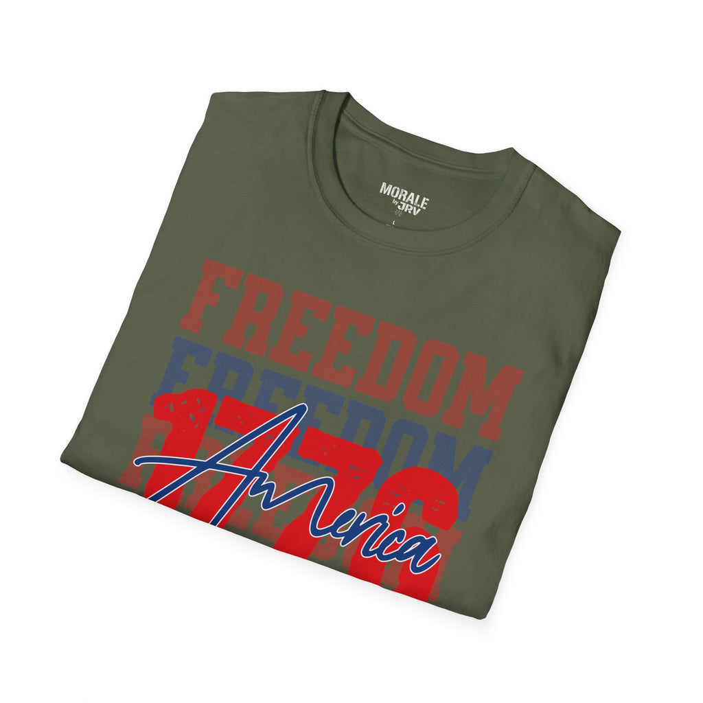 Military Green t-shirt with FREEDOM and America patriotic graphic across front