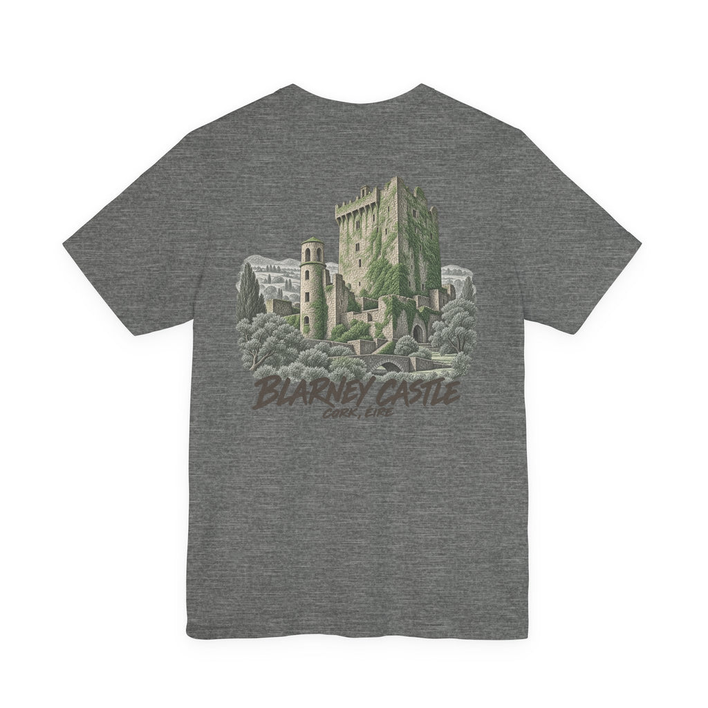 Dark heather gray T-shirt with Blarney Castle graphic and arched text