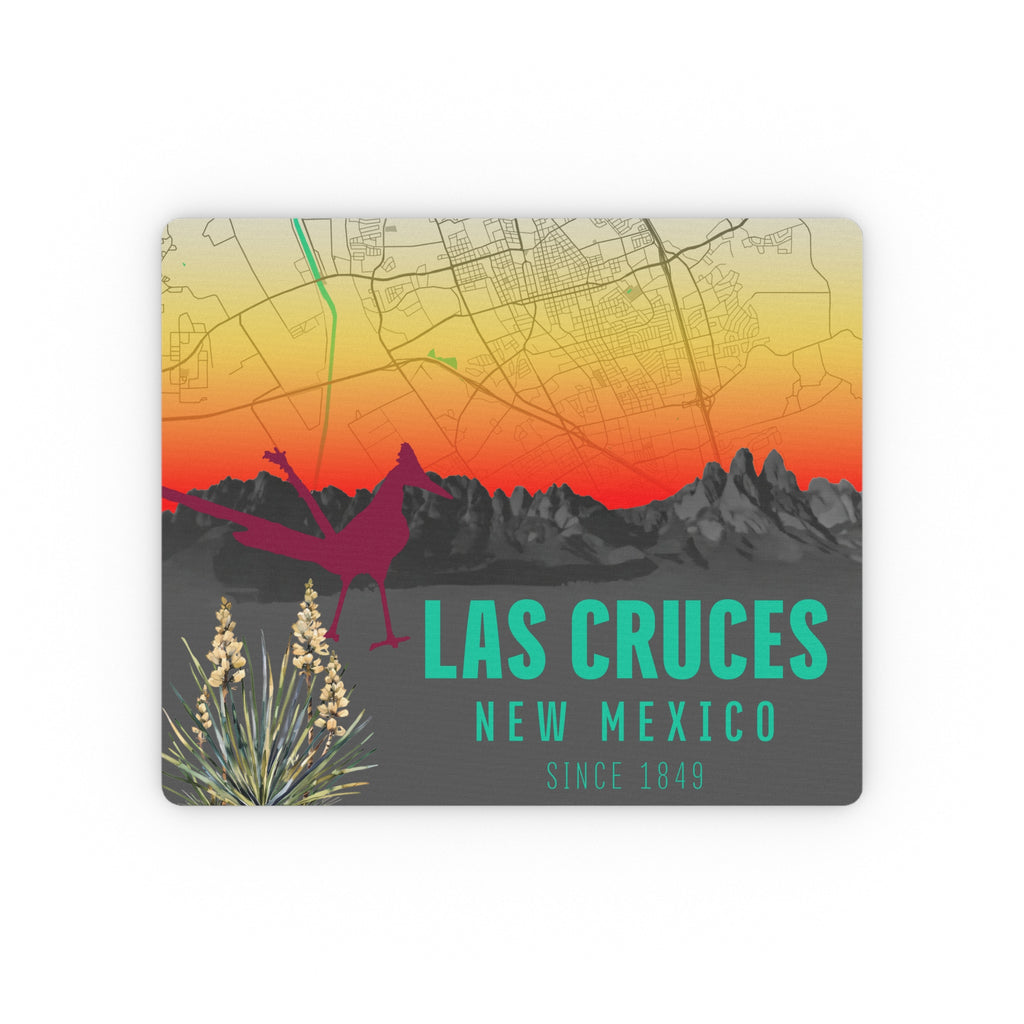Las Cruces New Mexico map sunset mouse pad, rectangular with desert roadrunner design