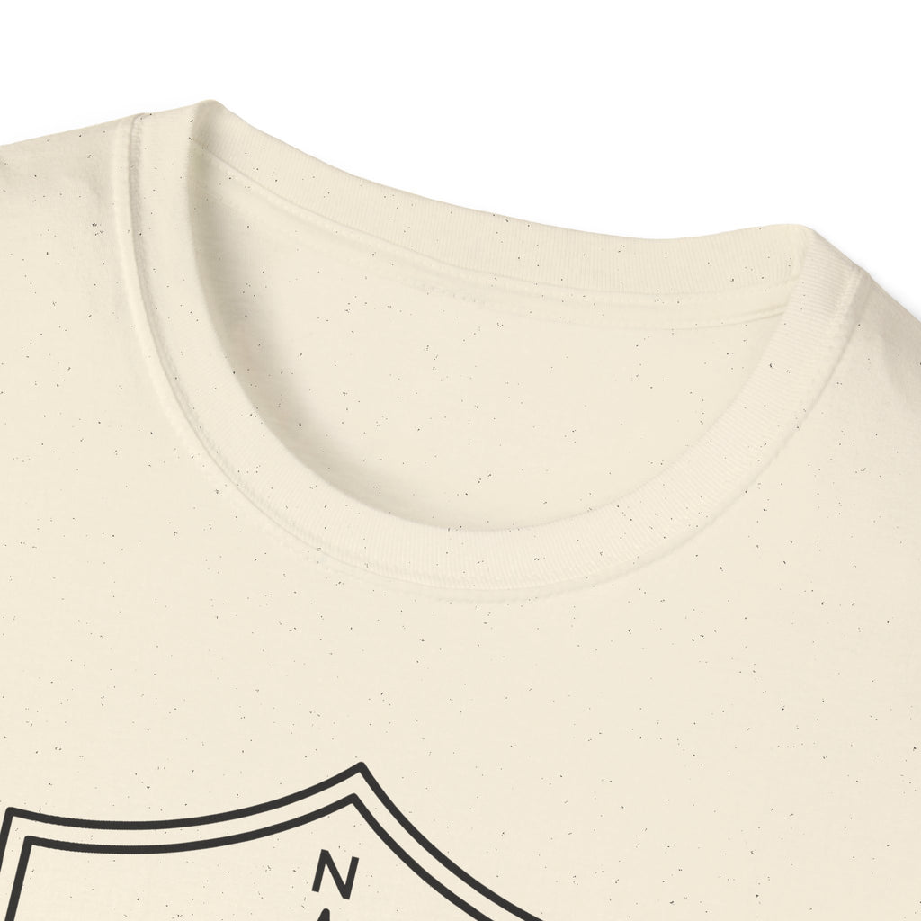 Natural compass shield T-shirt with crew neckline and partial shield graphic near chest