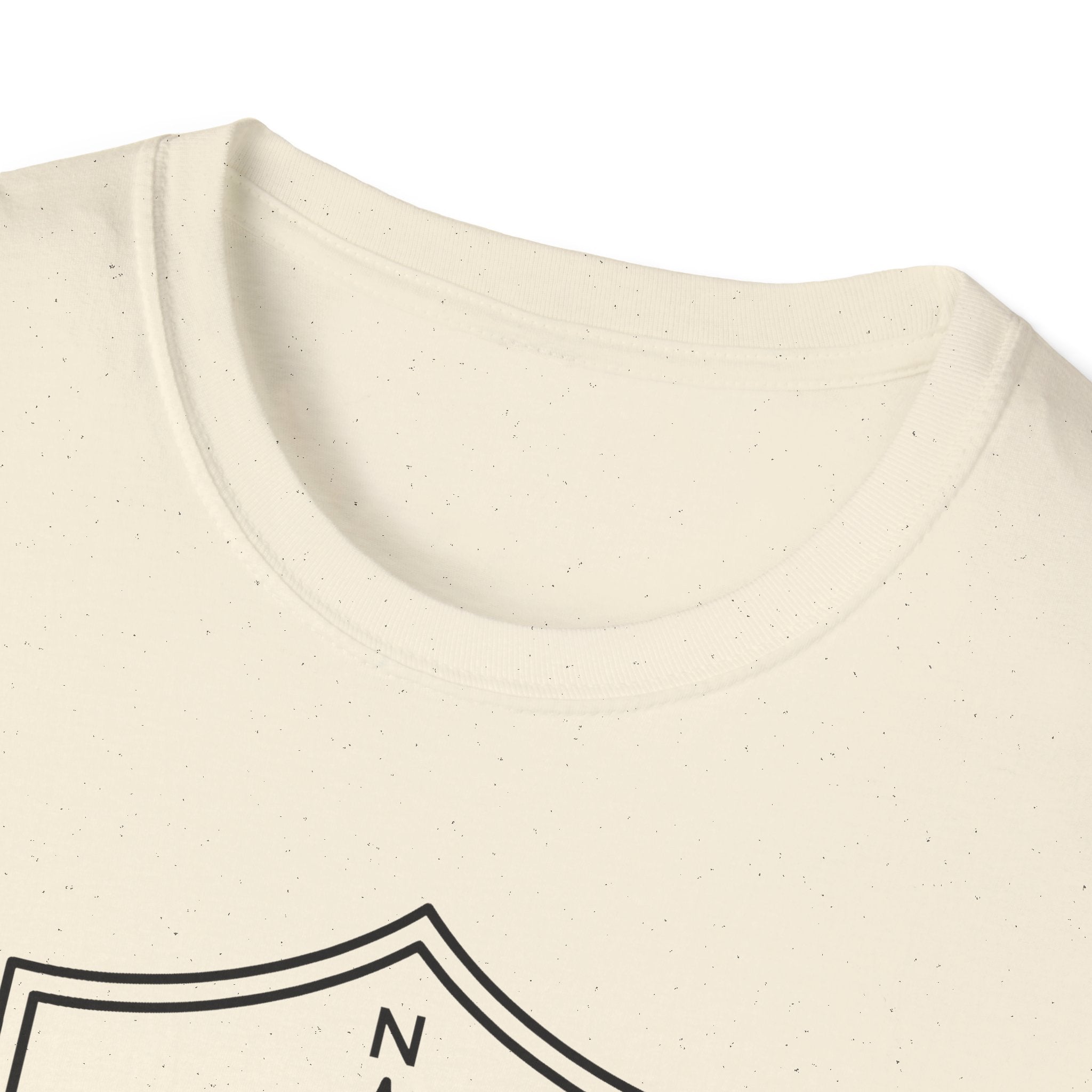 Natural compass shield T-shirt with crew neckline and partial shield graphic near chest