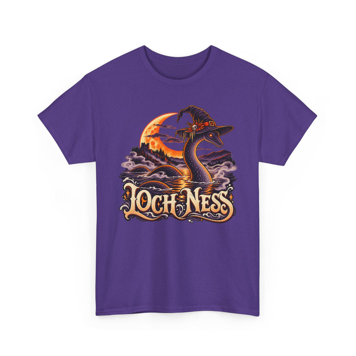 Purple crewneck T-shirt with Loch Ness monster wearing witch hat graphic