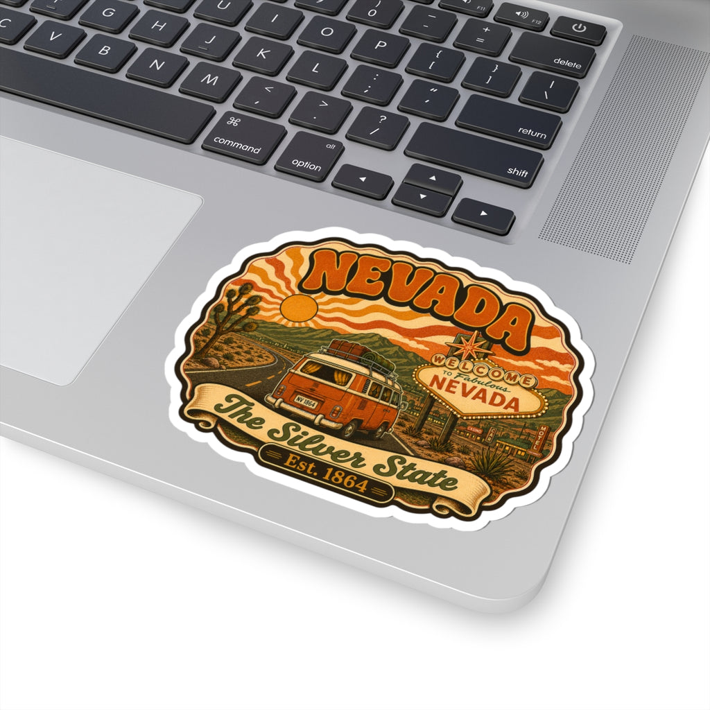 Nevada sticker on laptop: scalloped sticker edge with retro van, "Become Nevada" text