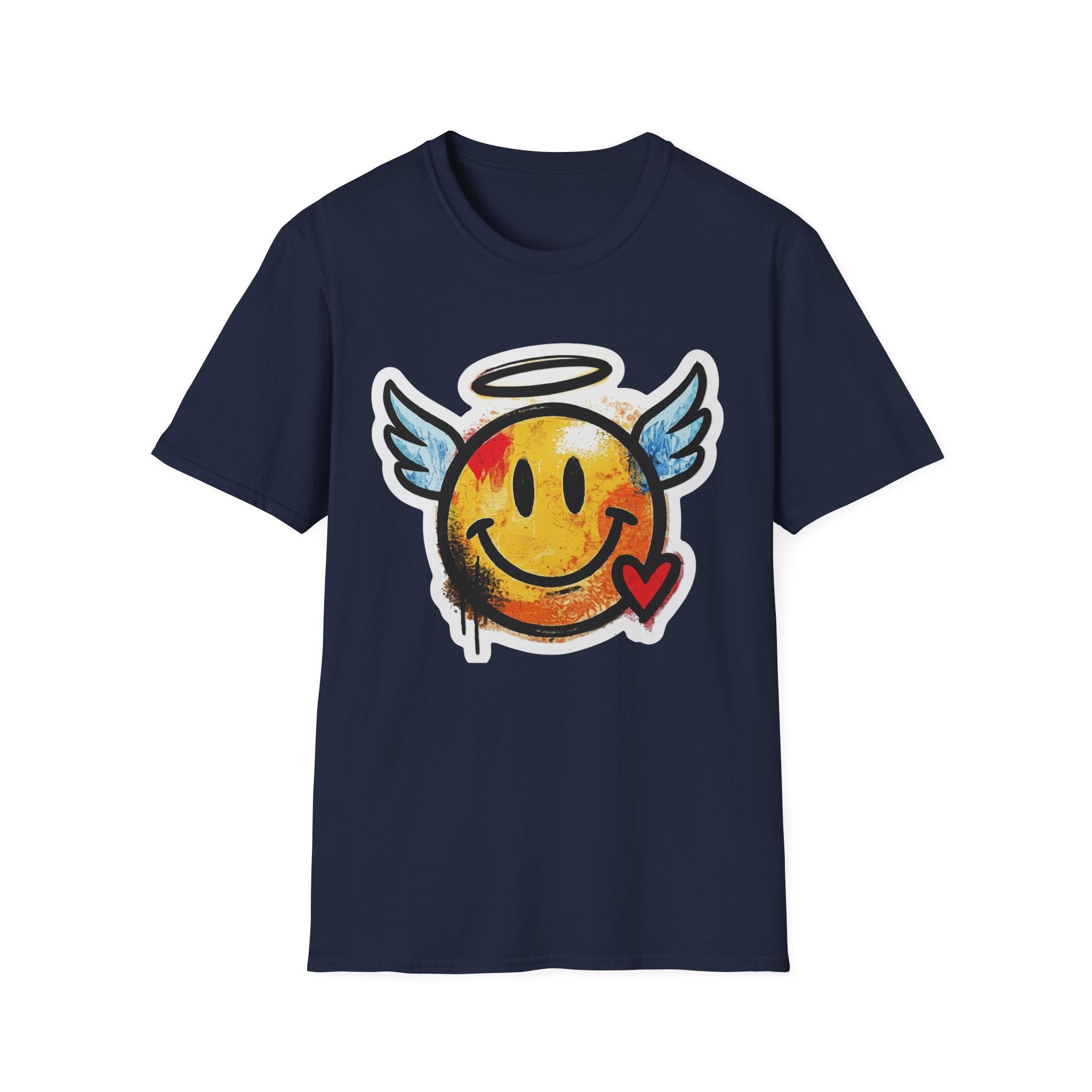 Graffiti Angel Smiley T-Shirt (Navy): Smiley mit Engelsflügeln, Herz und Hut