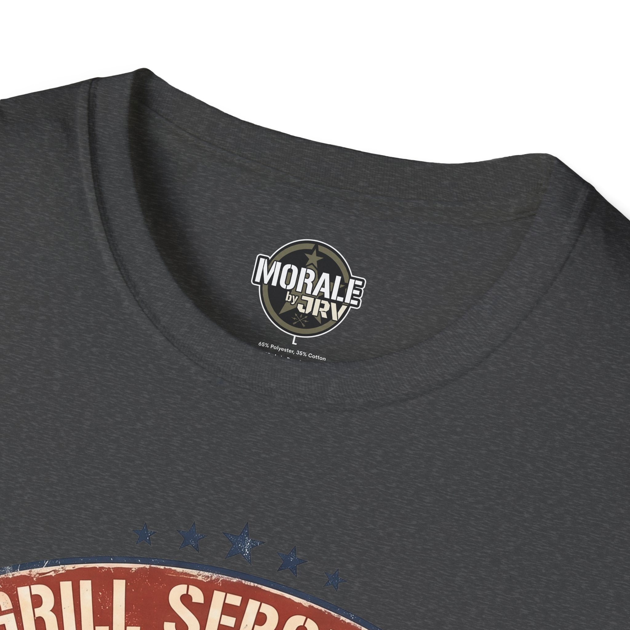 Dark heather gray t-shirt neckline with circular "Morale by Driv" logo