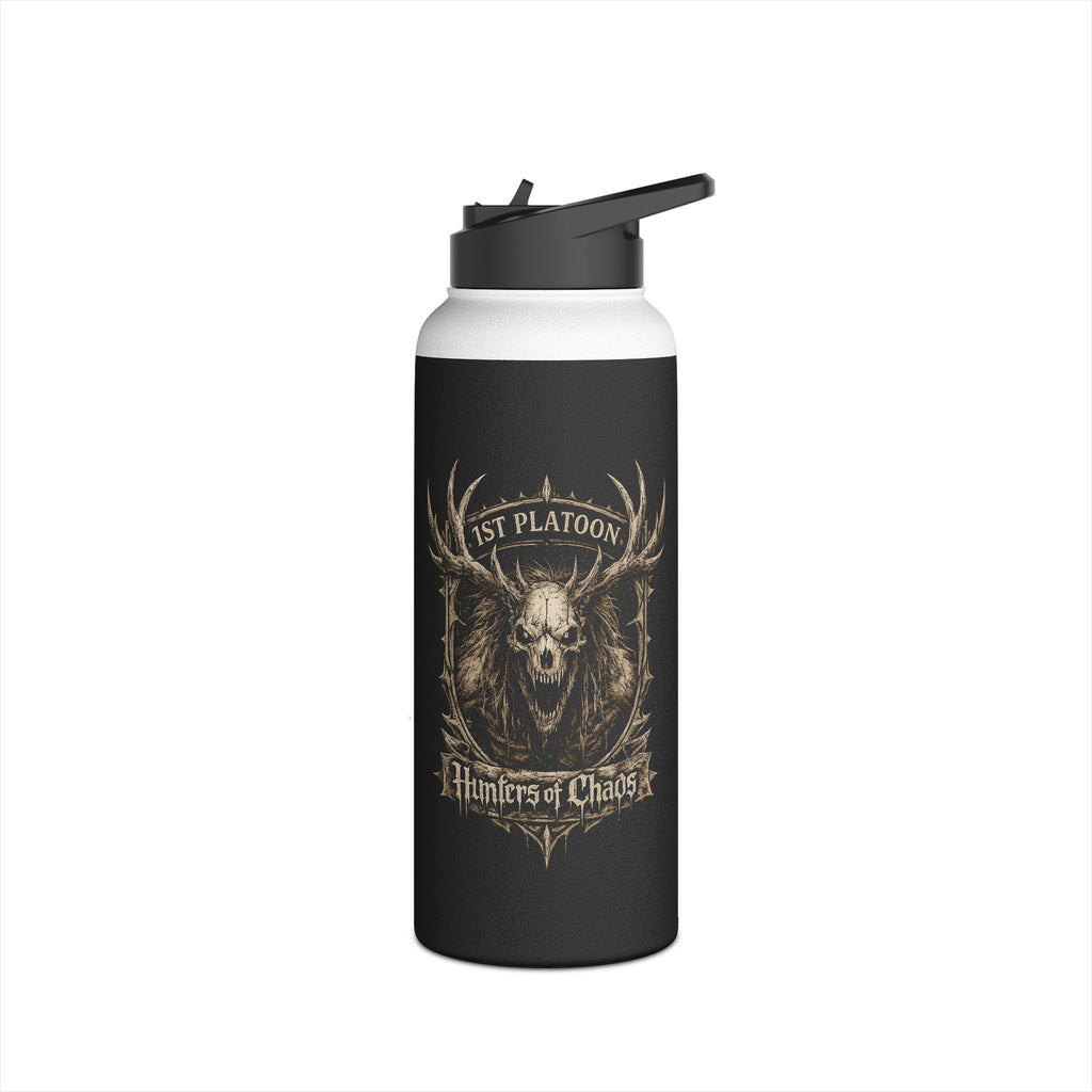 Black stainless steel tumbler with deer antler emblem and circular text graphic