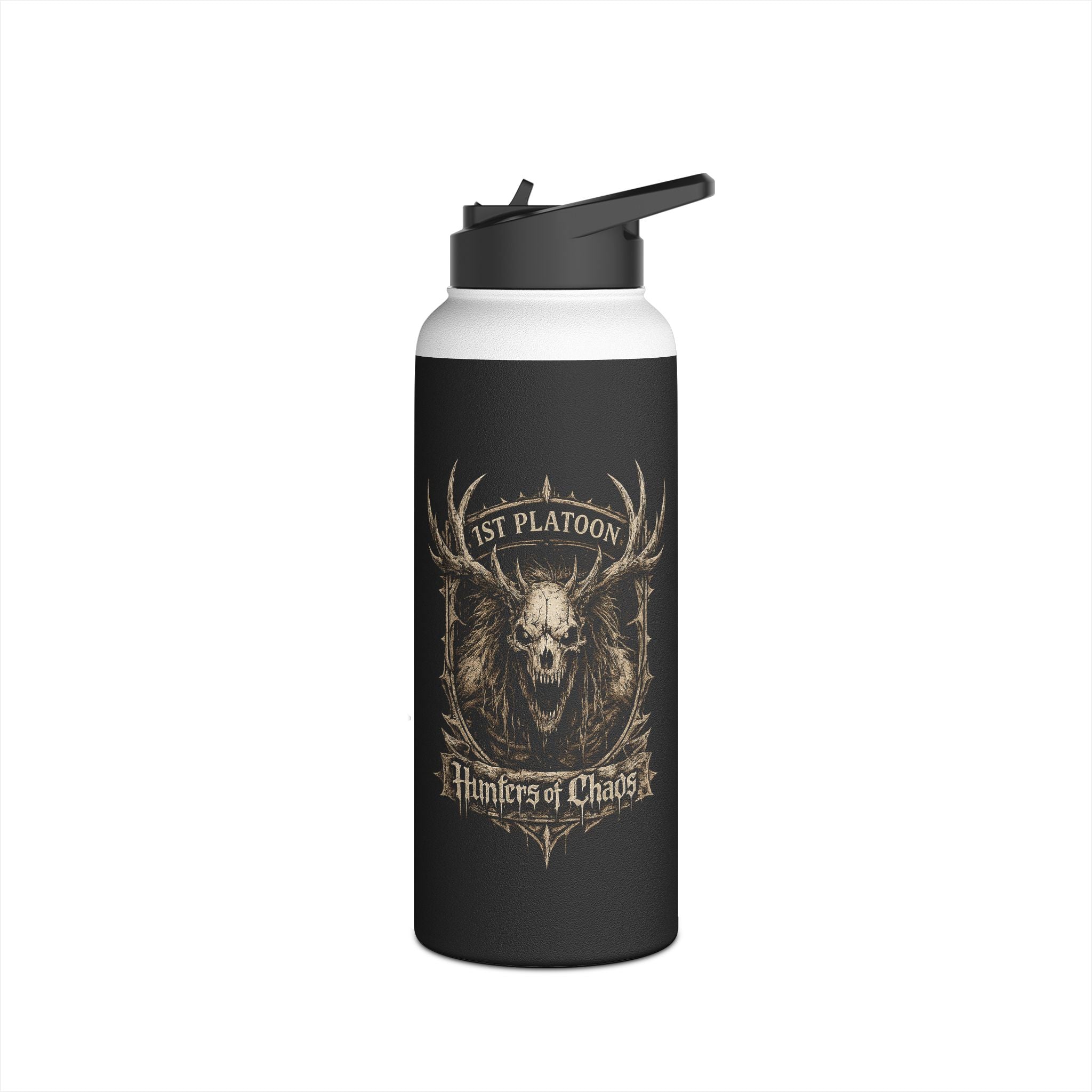 Black stainless steel tumbler with deer antler emblem and circular text graphic