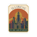 Illinois skyline kiss-cut sticker showing city skyline, sunrise rays, and Est. 1818 Land of Lincoln