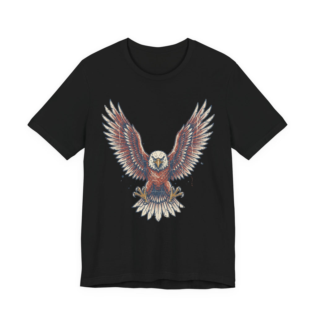 Black crew-neck t-shirt with colorful soaring bald eagle graphic on chest