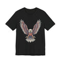 Black crew-neck t-shirt with colorful soaring bald eagle graphic on chest