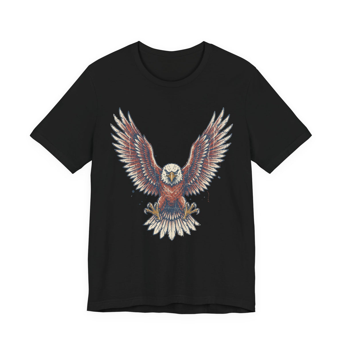 Black crew-neck t-shirt with colorful soaring bald eagle graphic on chest