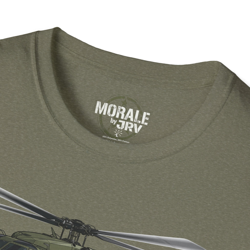 Close-up of olive T-shirt neckline and “Morale by TRV” logo, helicopter graphic