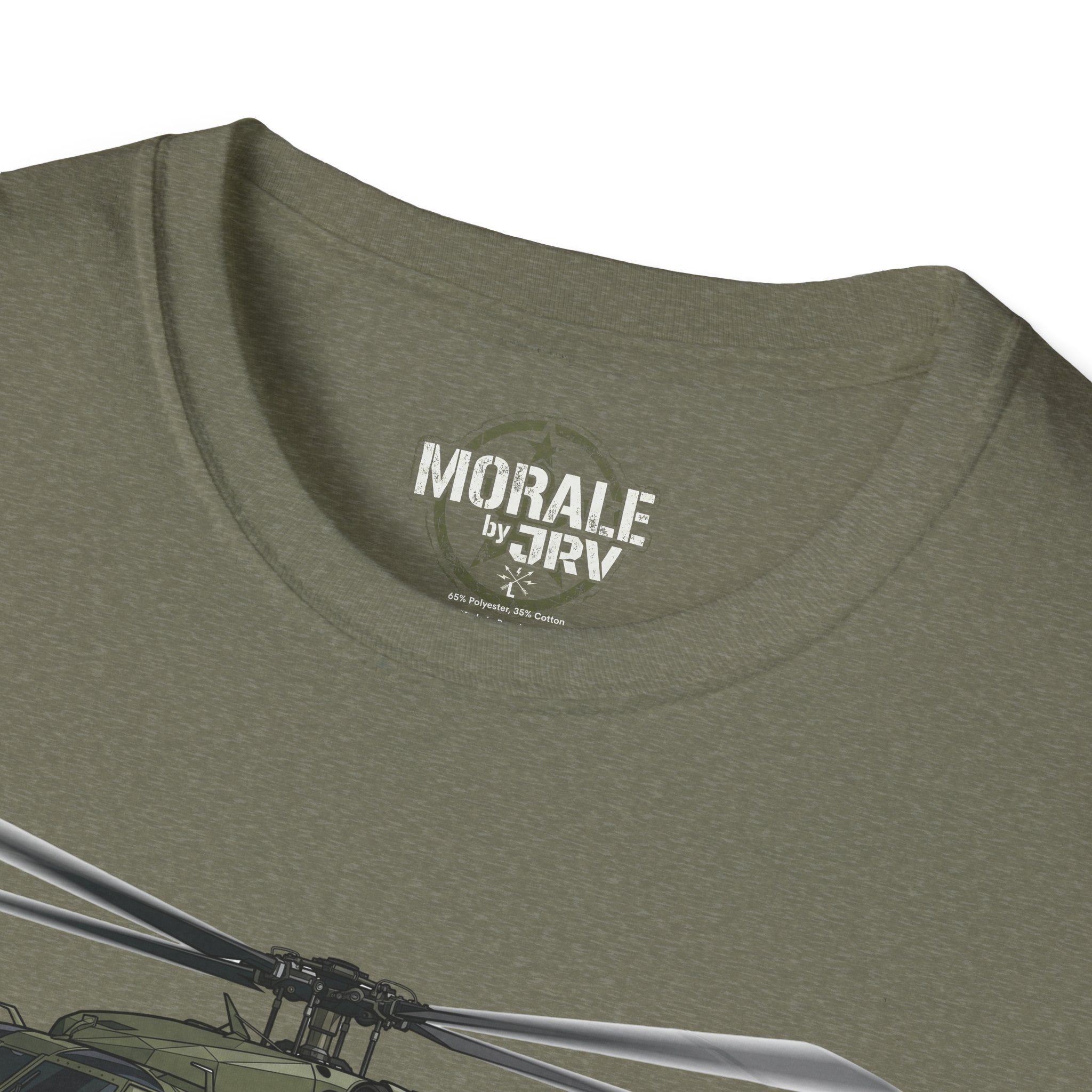 Close-up of olive T-shirt neckline and “Morale by TRV” logo, helicopter graphic