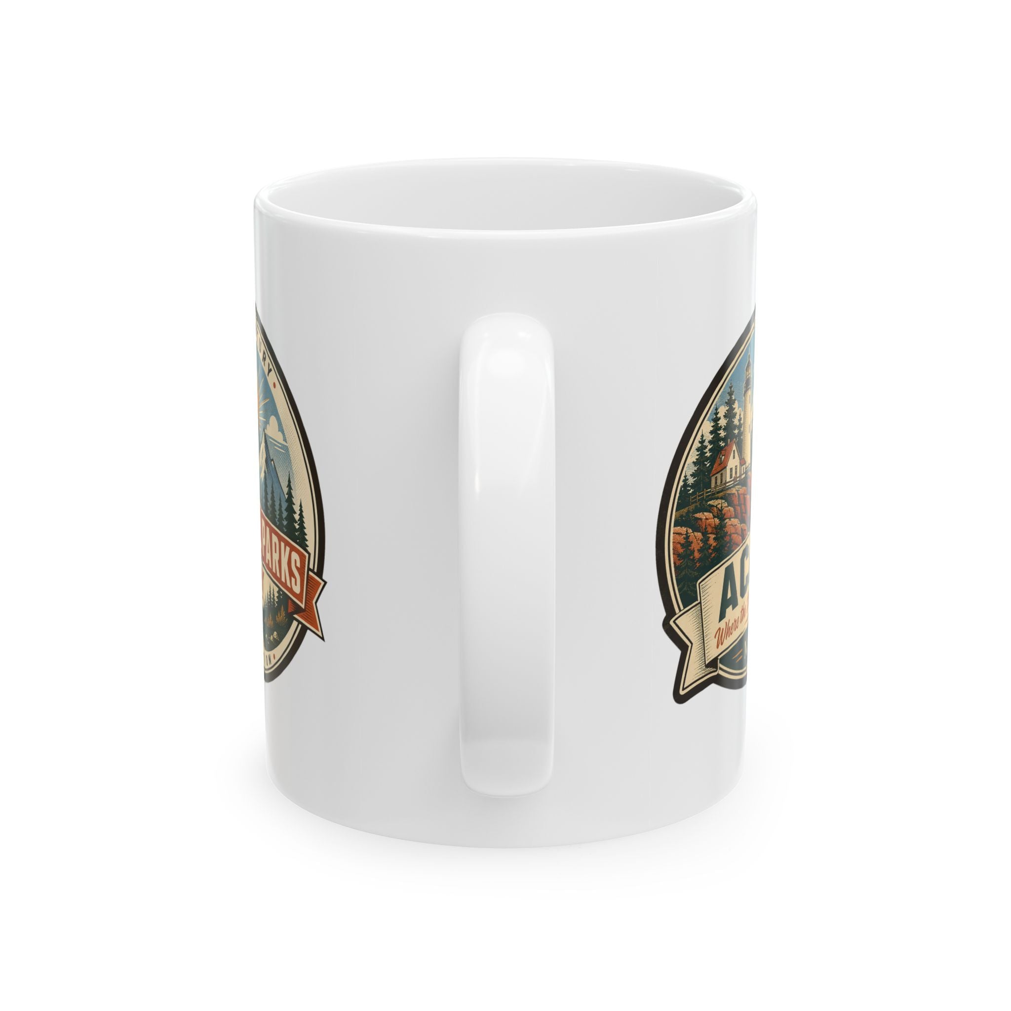 White ceramic coffee mug with side badge graphic and vertical handle detail.