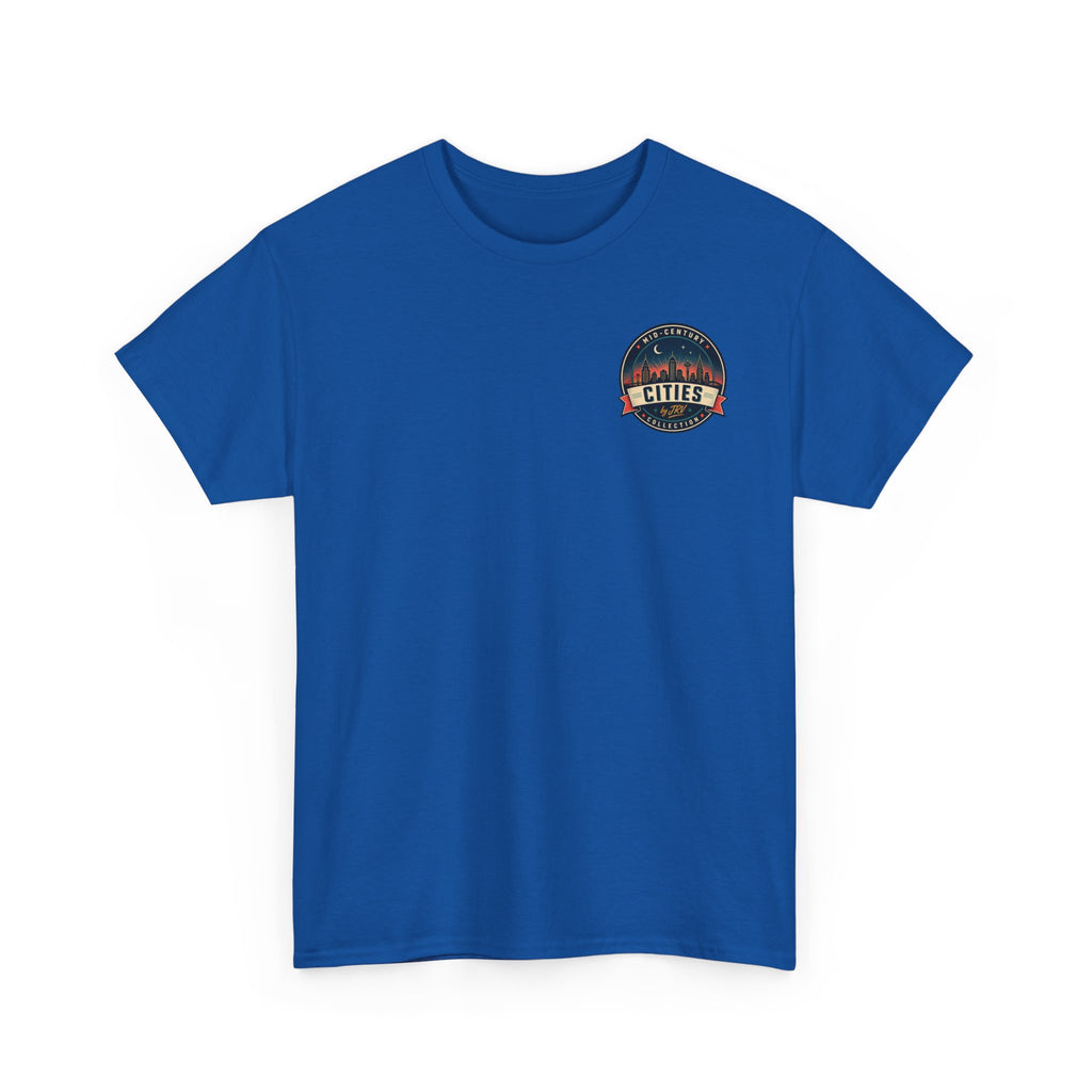 Royal blue T-shirt with small round Cities badge graphic on chest