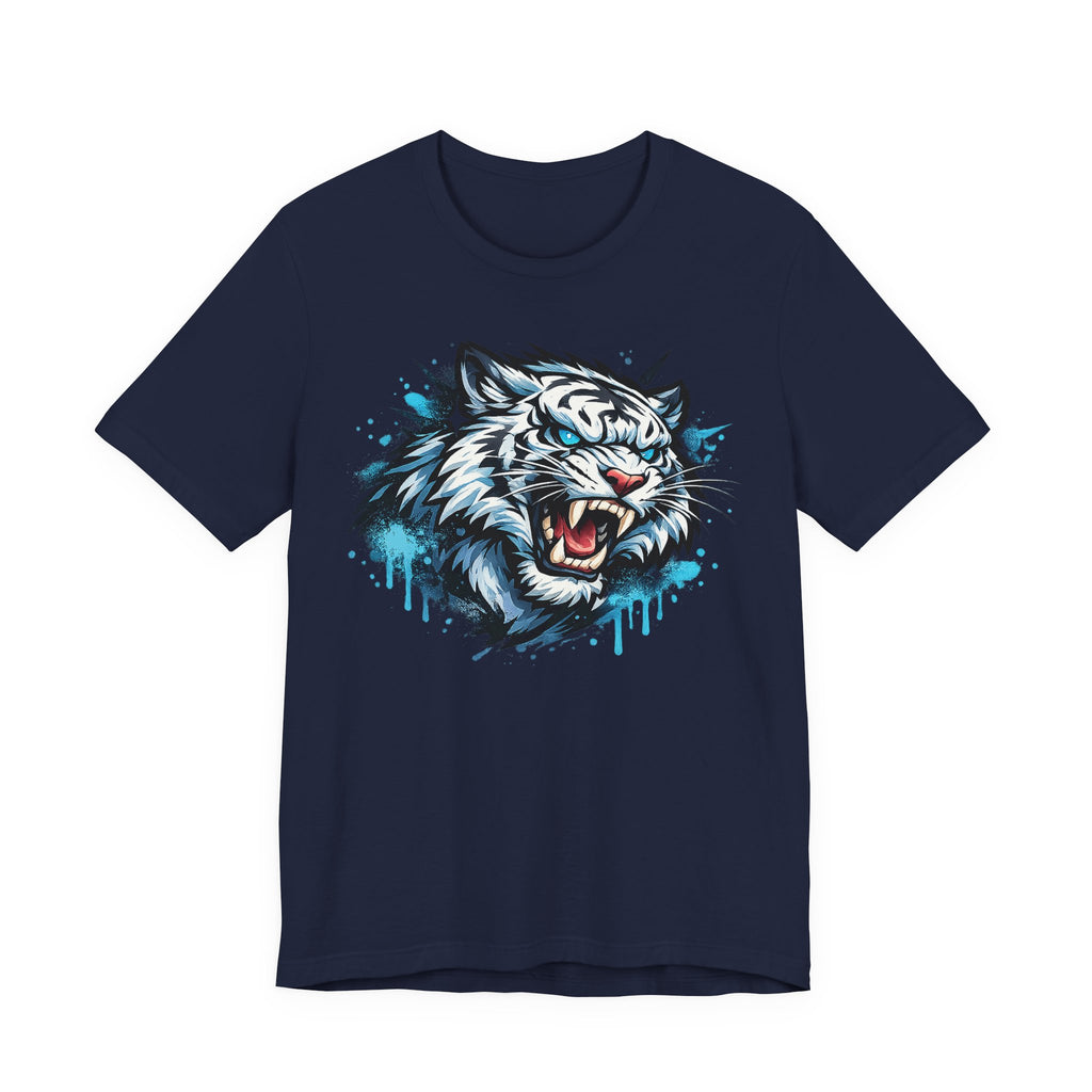 Navy unisex t-shirt with roaring tiger head graphic and blue drip print