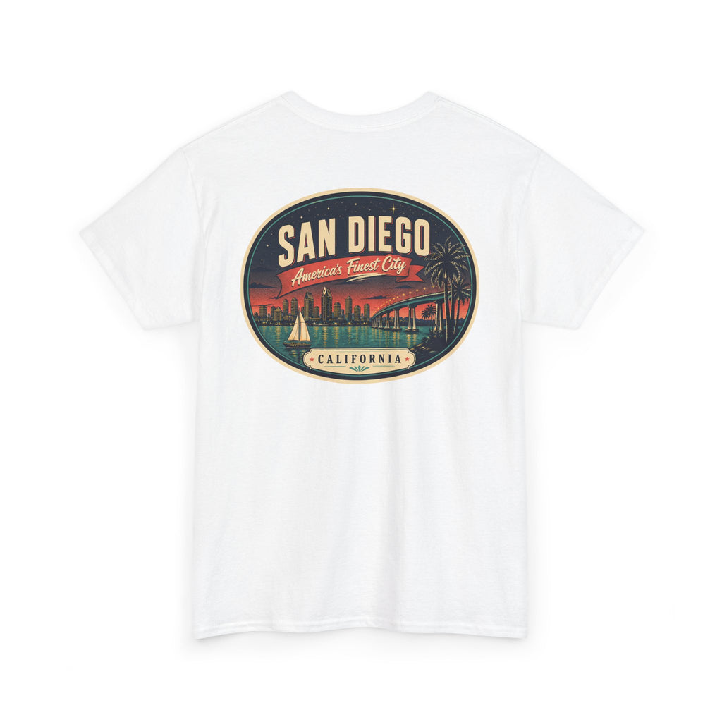 White T-shirt with large San Diego city scene oval graphic on back