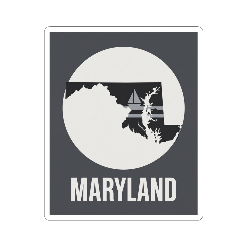 Kiss-cut Maryland sticker with white state silhouette in a circle and “MARYLAND” text