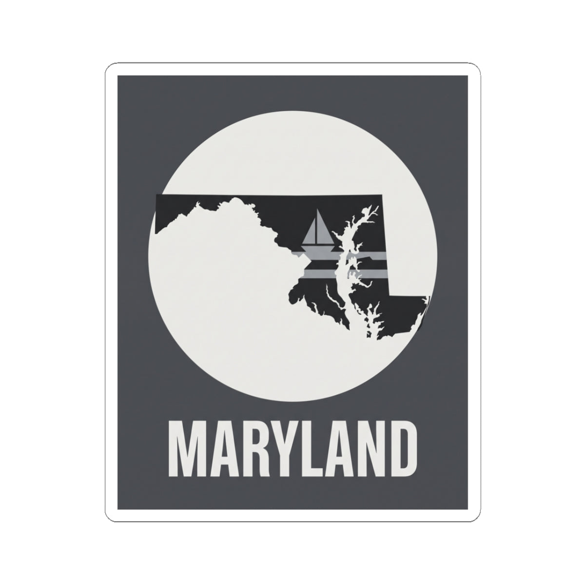 Kiss-cut Maryland sticker with white state silhouette in a circle and “MARYLAND” text